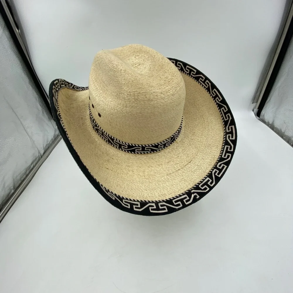 Large Straw Cowboy Hat Beige Black Greek Key Trim Western Rodeo Festival Charro